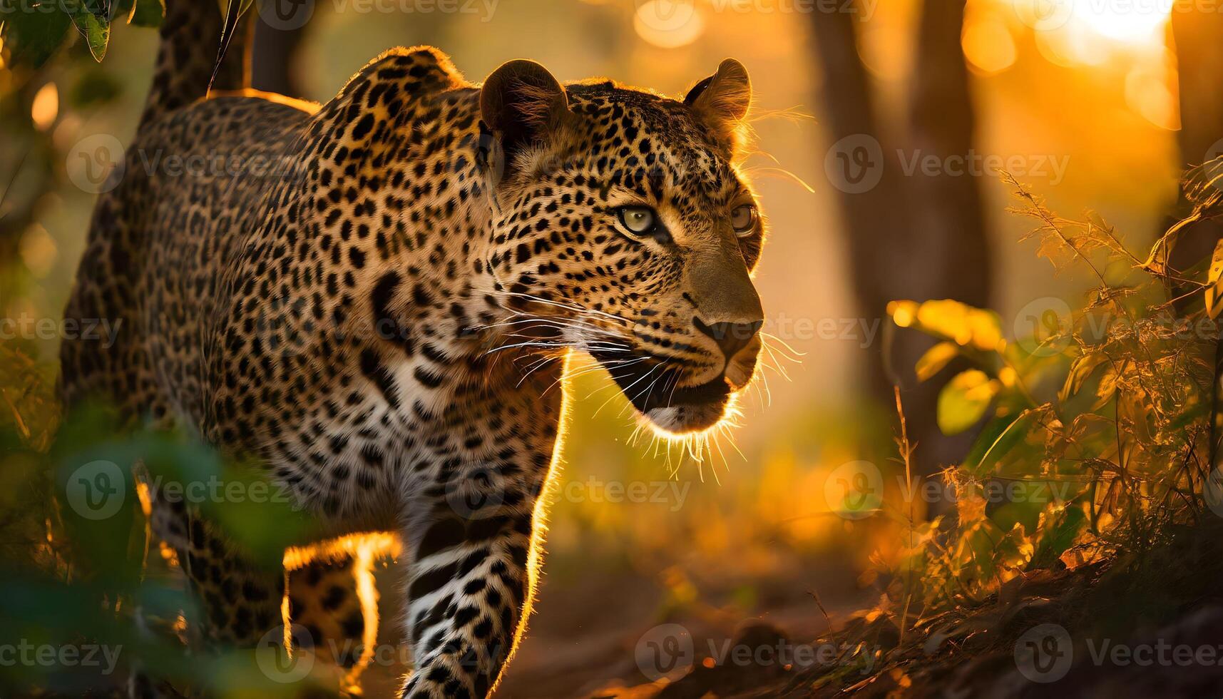 AI generated wild leopard face closeup walking in the forest photo