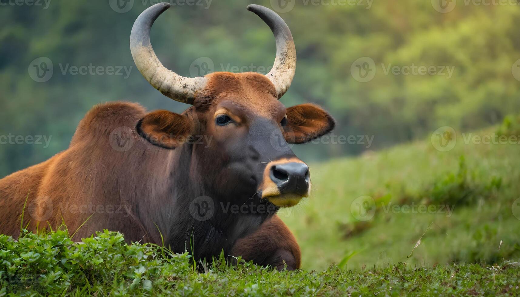 AI generated Resting Gaur Bull Amidst Lush Forest Background photo