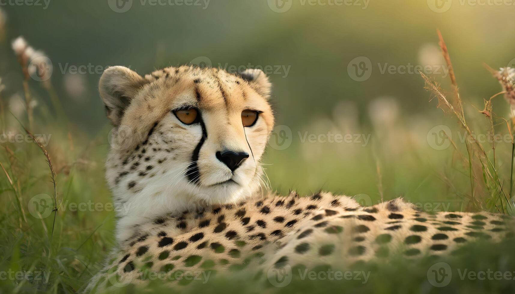 AI generated epic closeup of a wild spotted cheetah sitting on grass photo