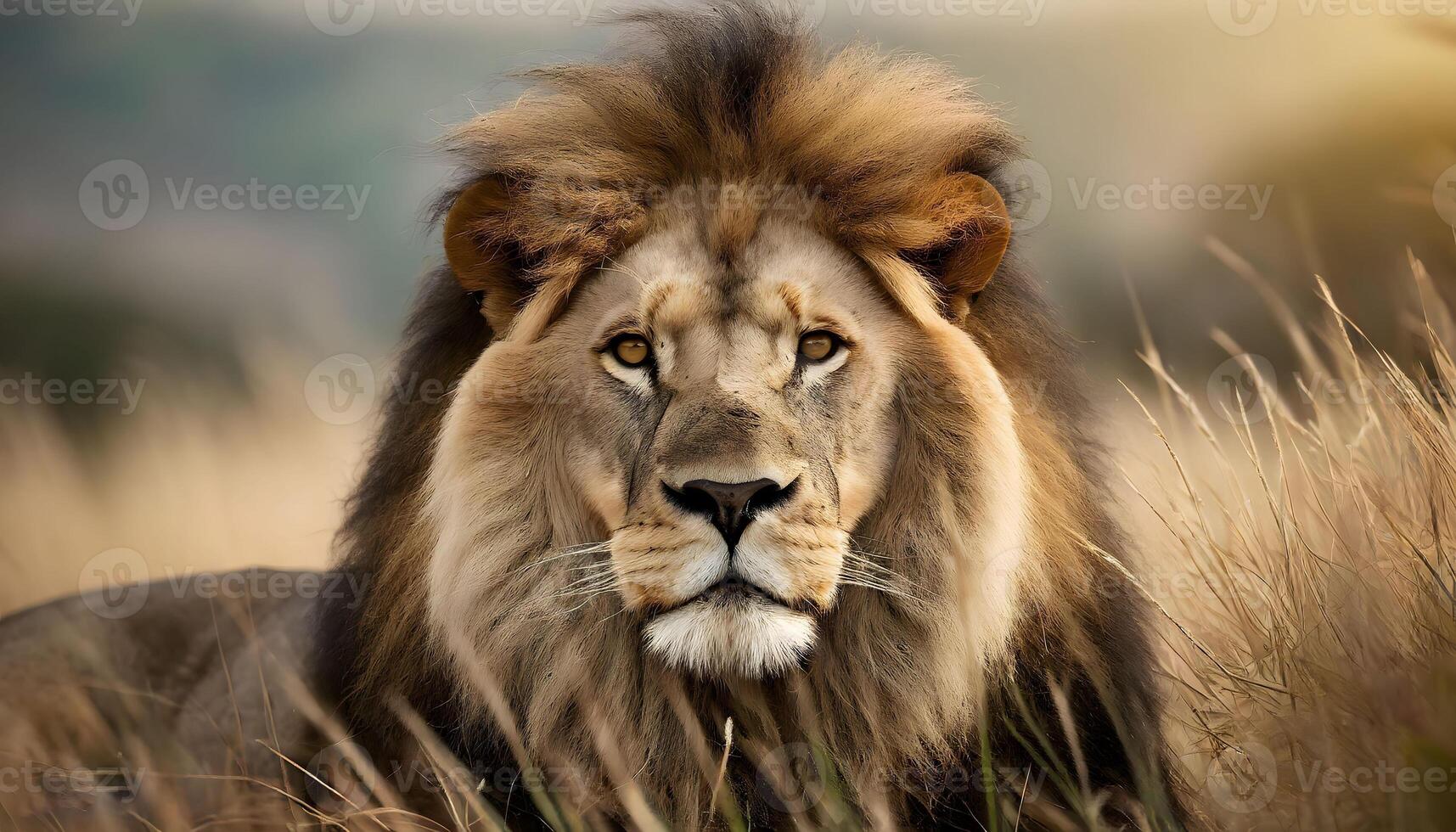 AI generated adult male lion closeup resting on grass in the forest photo