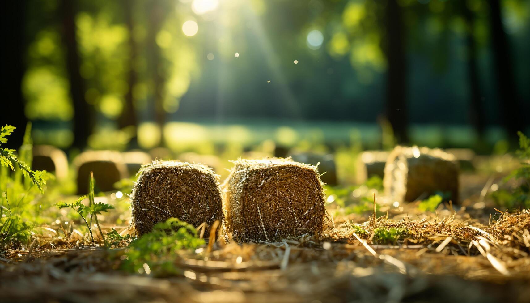 AI generated Summer meadow, green grass, rolled up hay, fresh harvest generated by AI photo