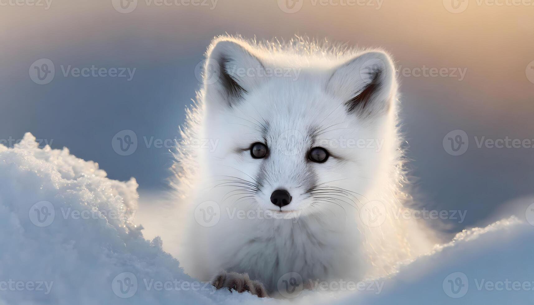 AI generated portrait of a white arctic fox resting on snow photo