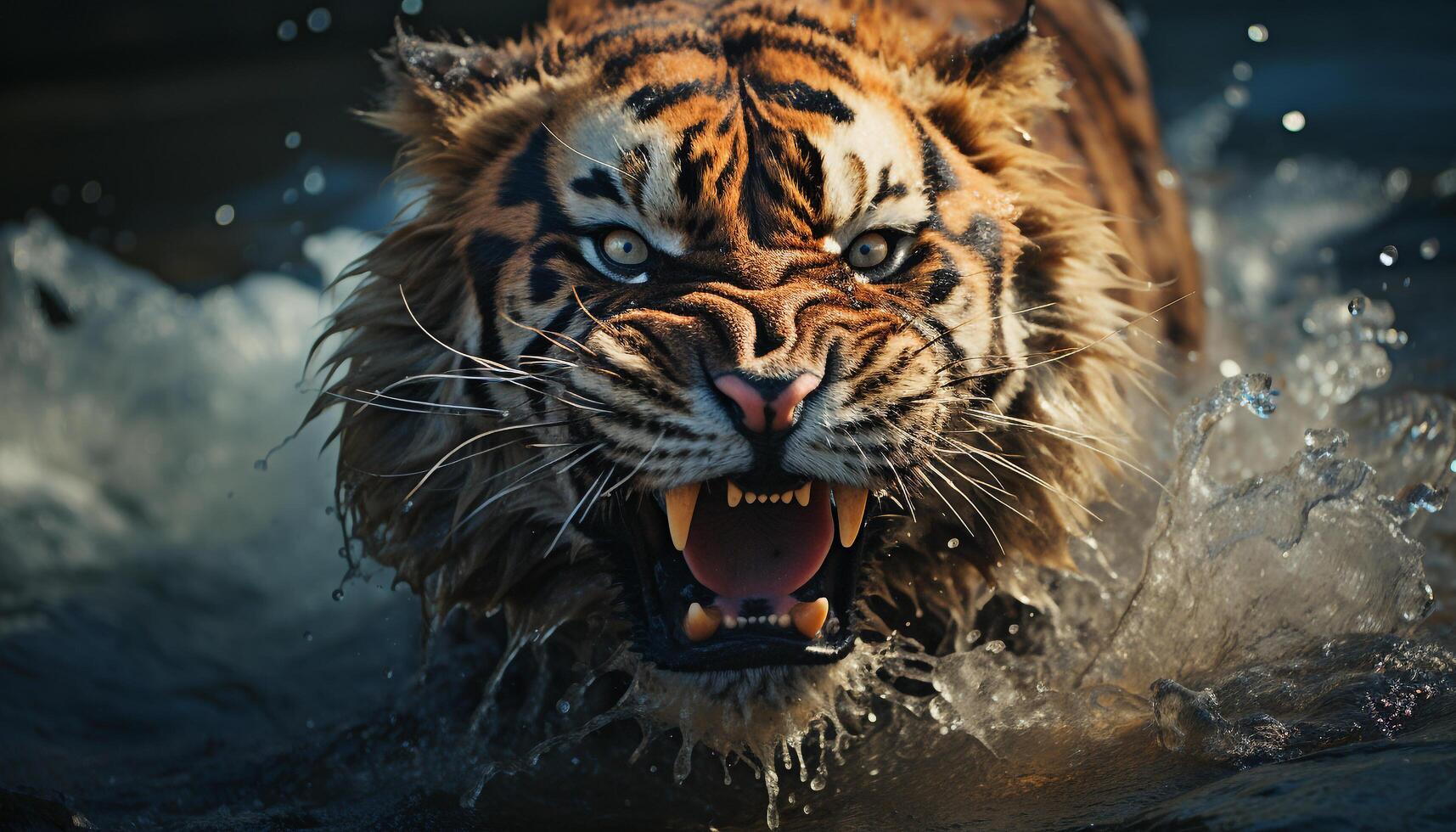 AI generated Majestic Bengal tiger, fierce and furious, staring into the camera generated by AI photo