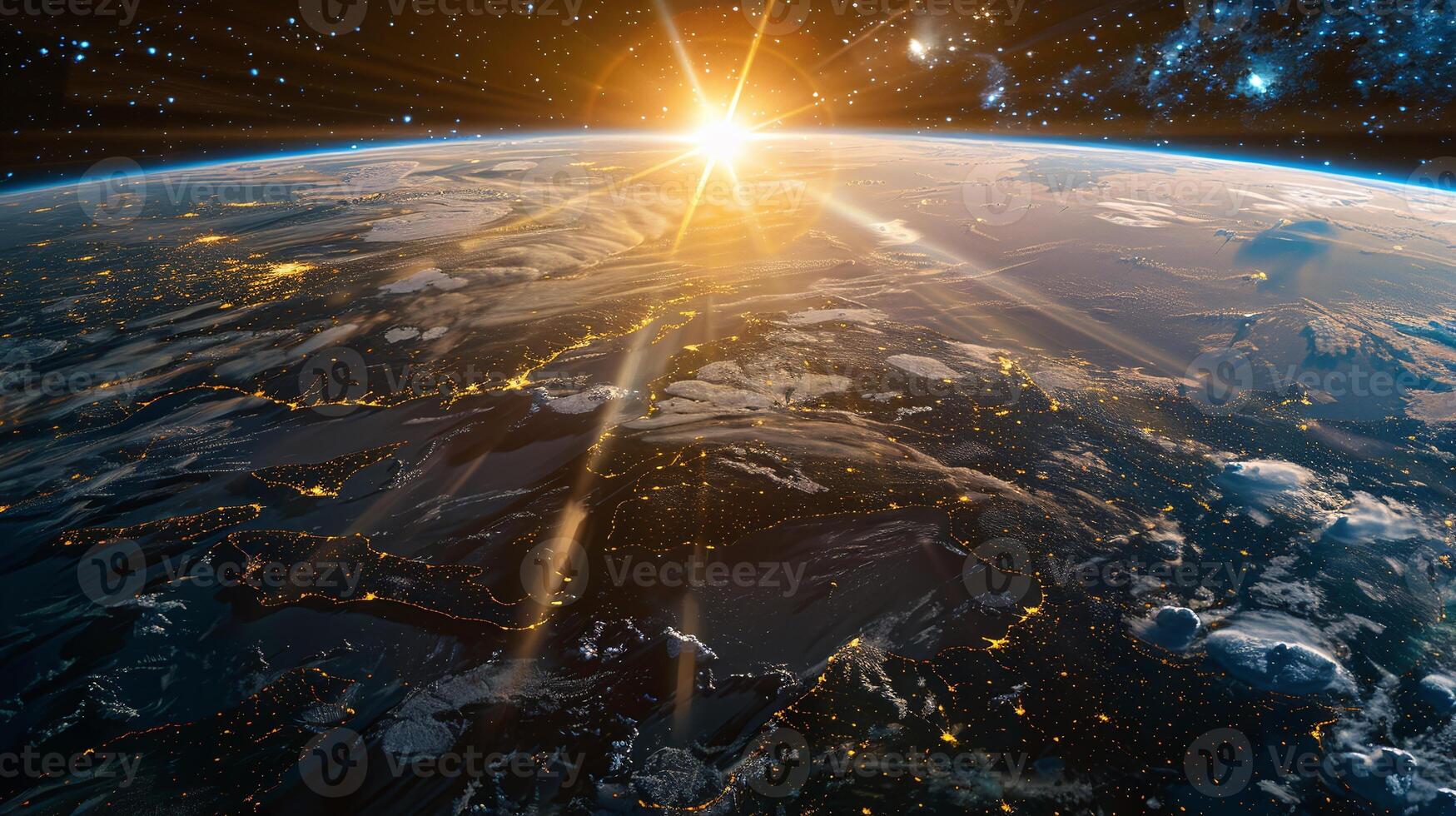 AI generated closeup of earth from space with sunrays photo