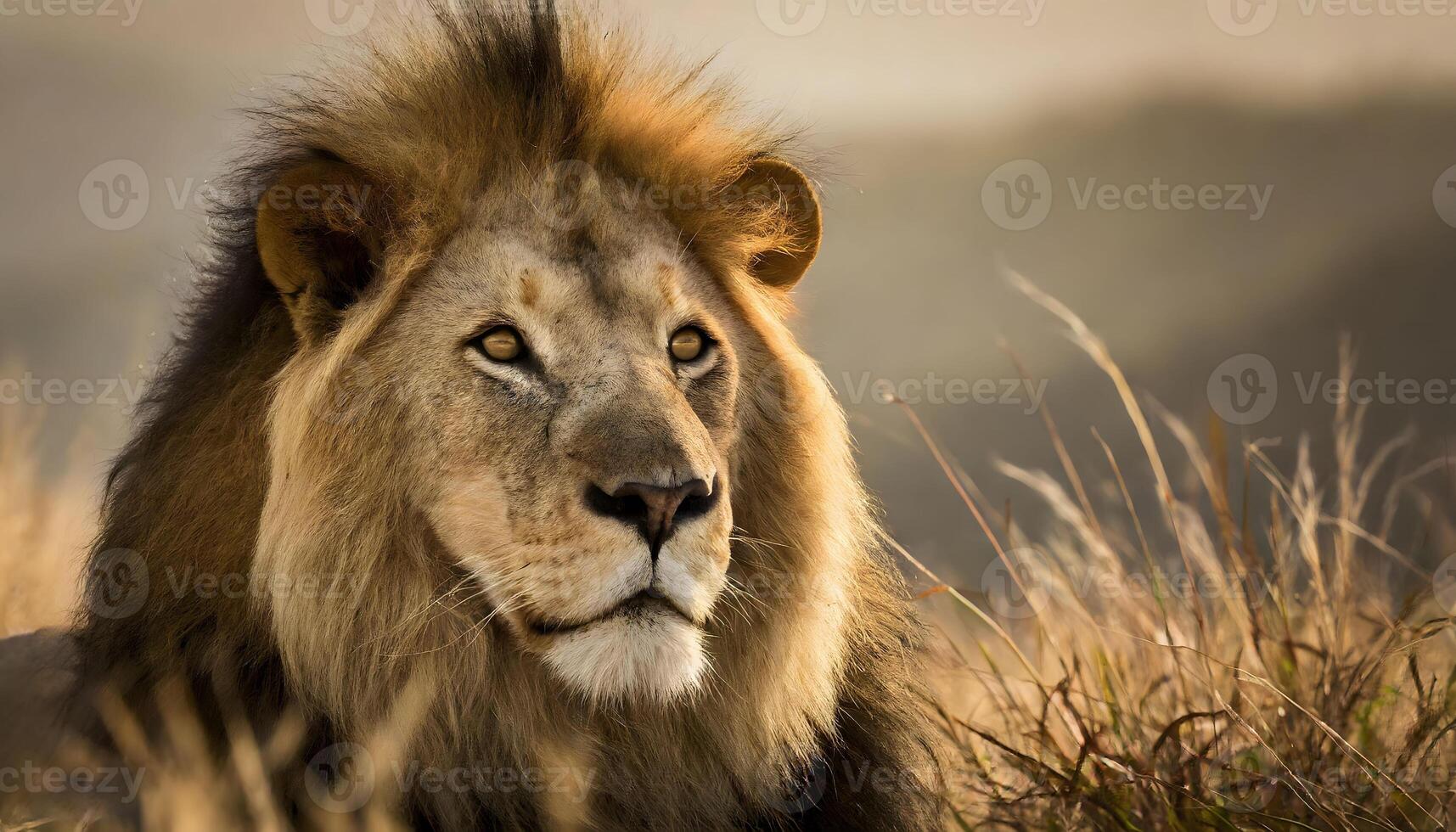 AI generated wild male lion face closeup in the forest photo