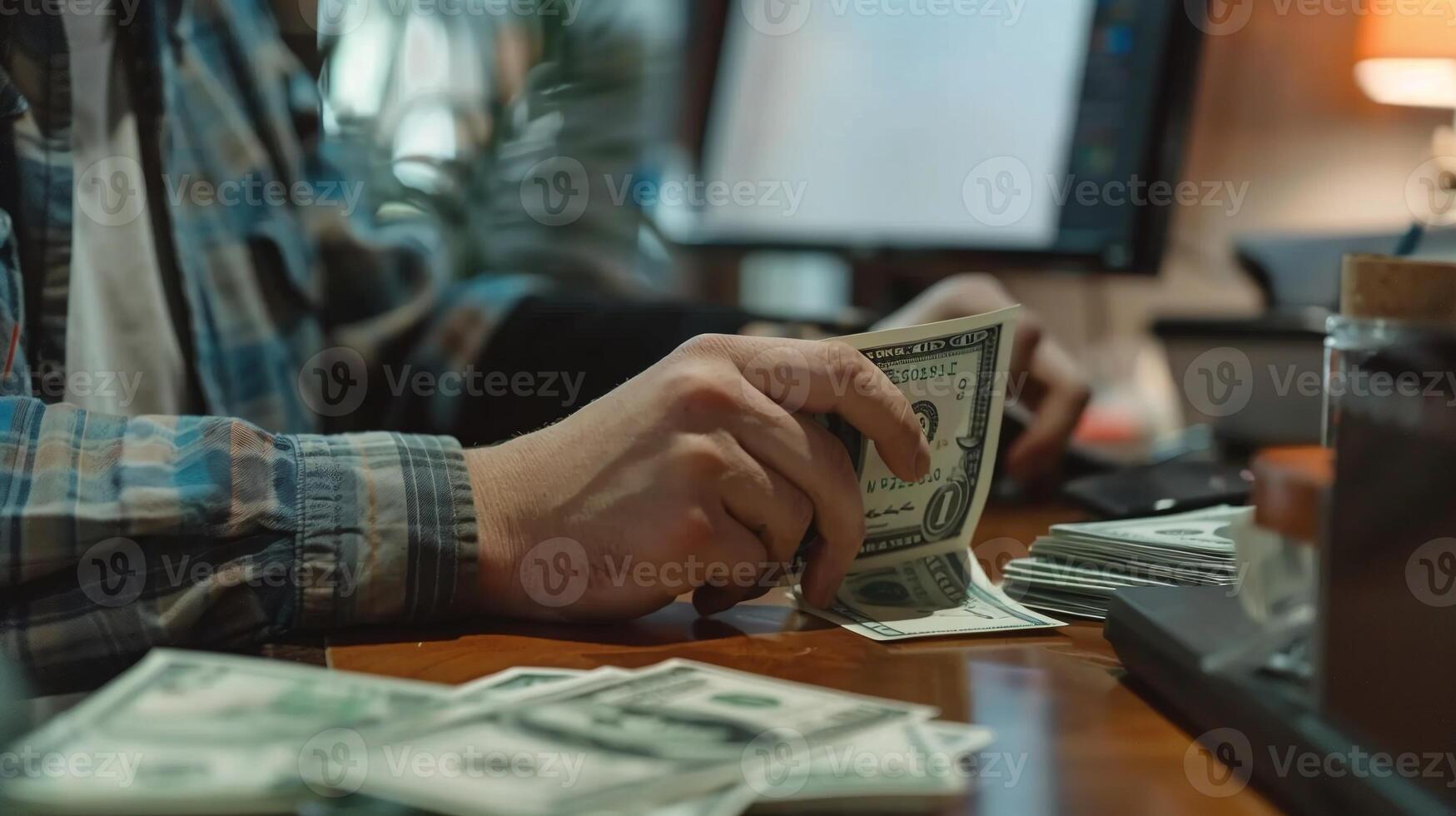 AI generated closeup of counting dollars, wealth managemen photo