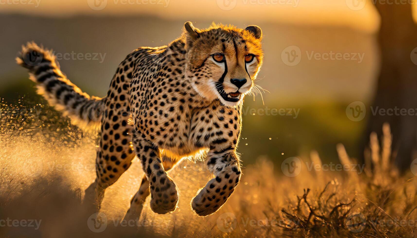 AI generated wild male spotted cheetah running photo