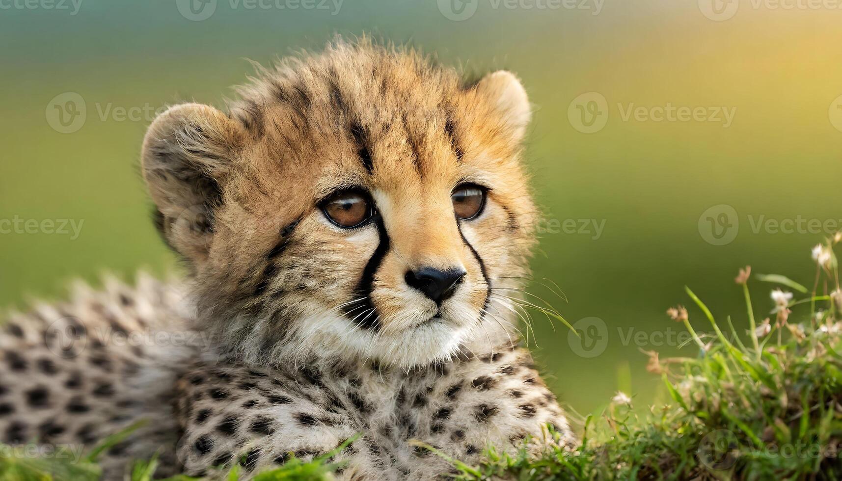 AI generated cute spotted baby cheetah cub sitting alone in the forest photo