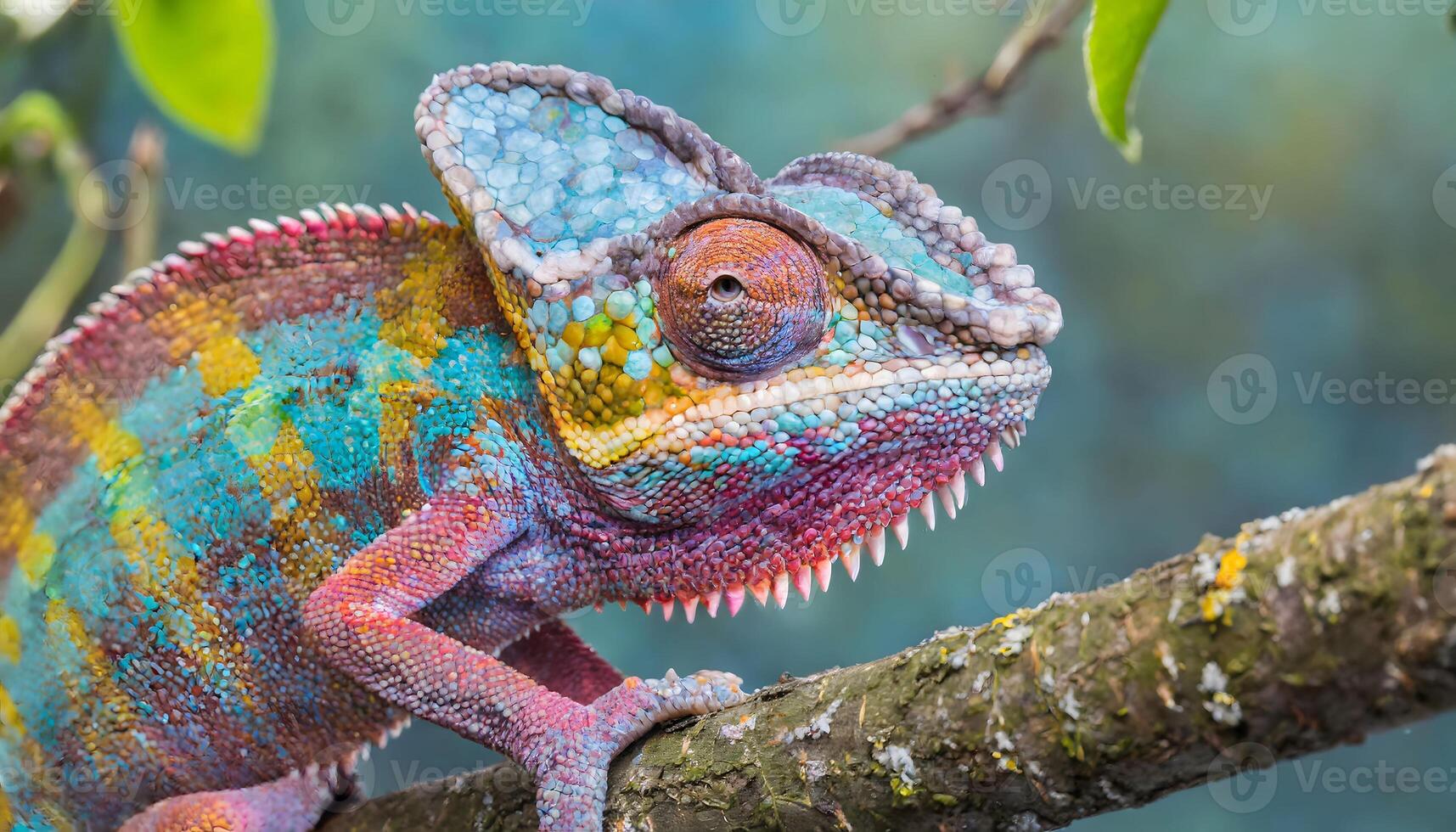 AI generated chameleon closeup walking on a branch of tree photo