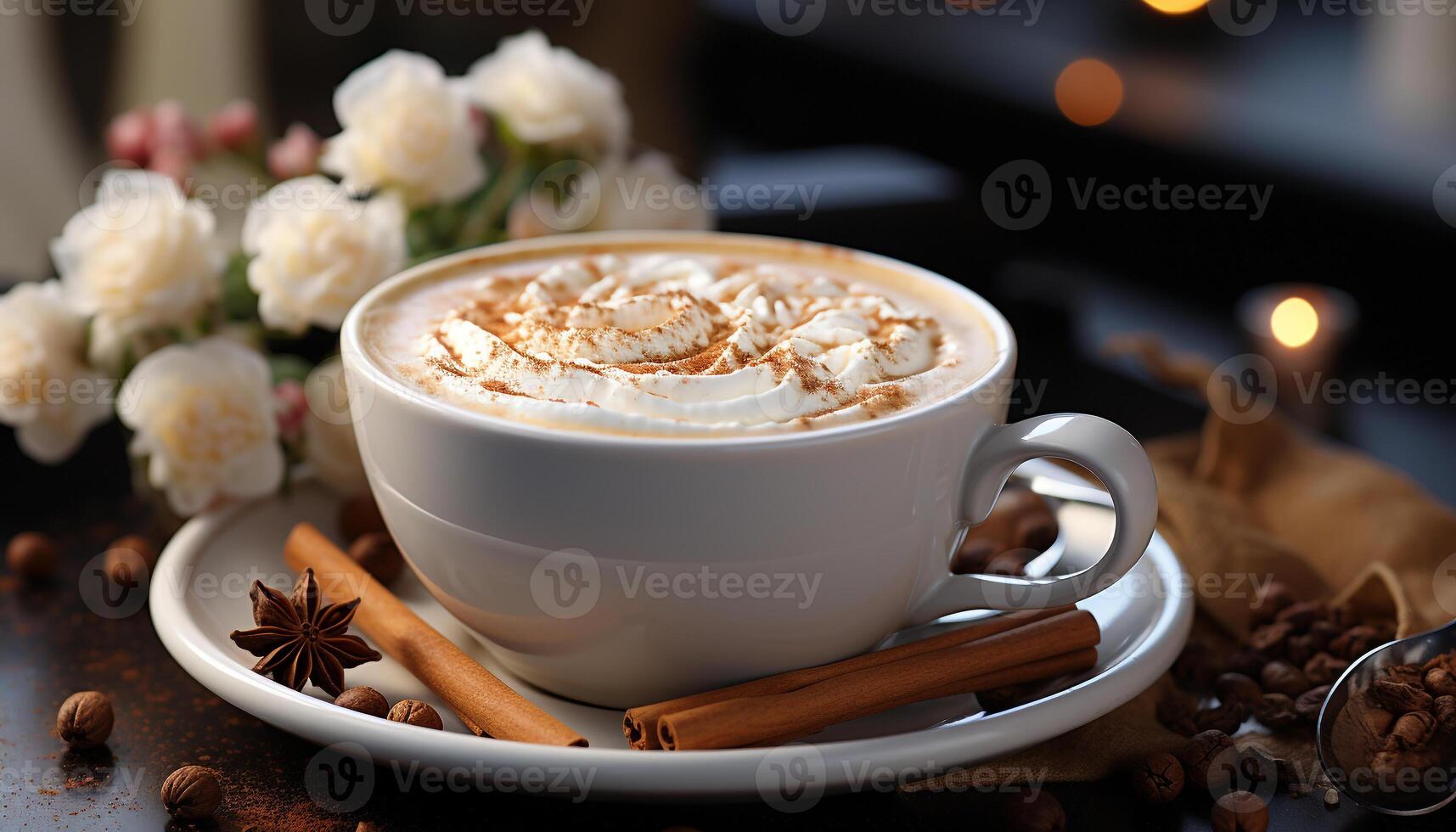 AI generated Hot drink, coffee cup, saucer, milk, frothy drink, cappuccino, latte generated by AI photo