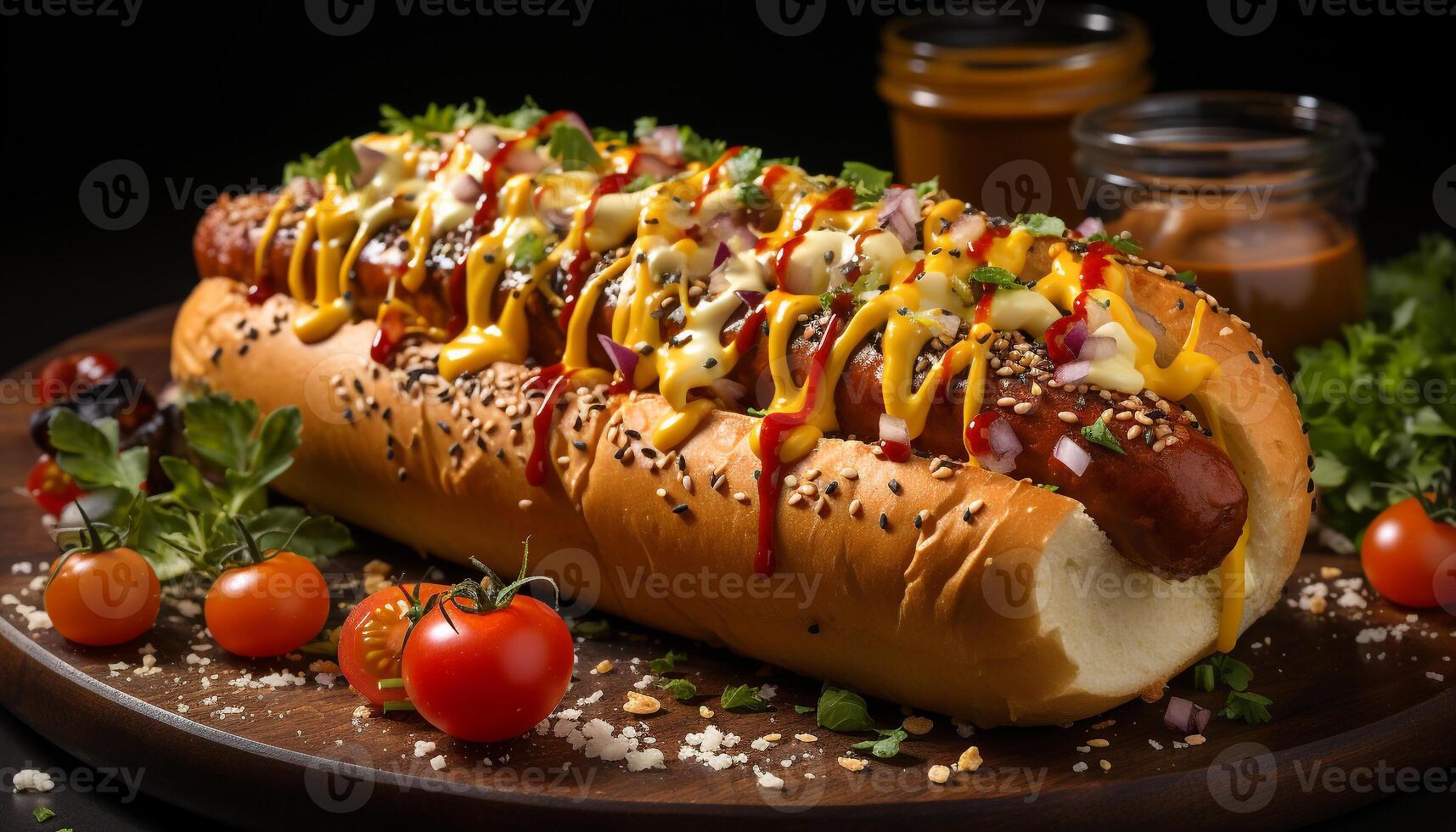 AI generated Grilled beef sandwich, hot dog, and fresh salad generated by AI photo