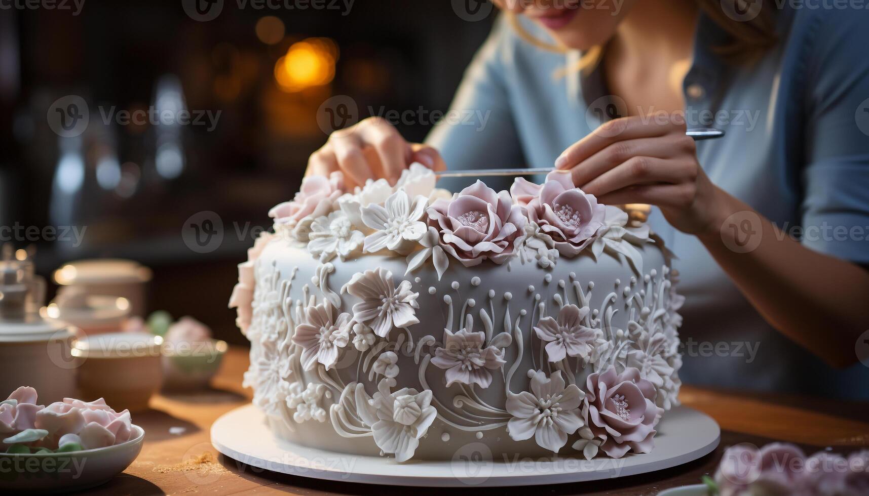 AI generated Women decorating homemade dessert on table, sweet food celebration generated by AI photo