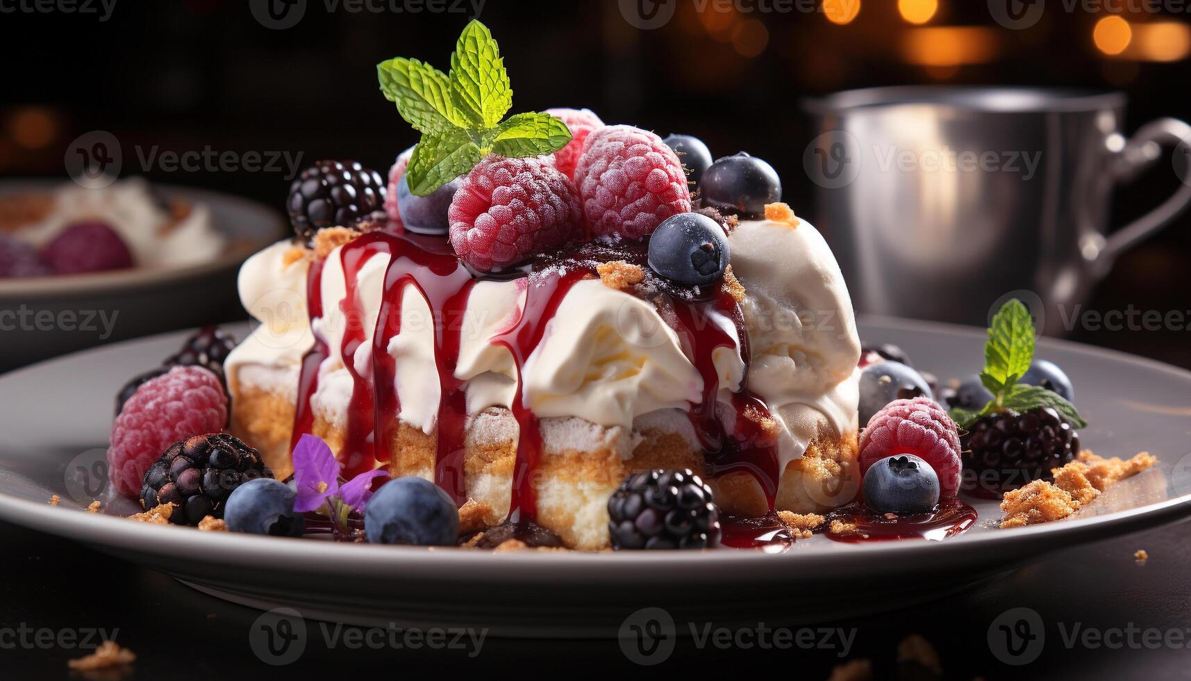 AI generated Homemade gourmet dessert Berry cheesecake with whipped cream generated by AI photo