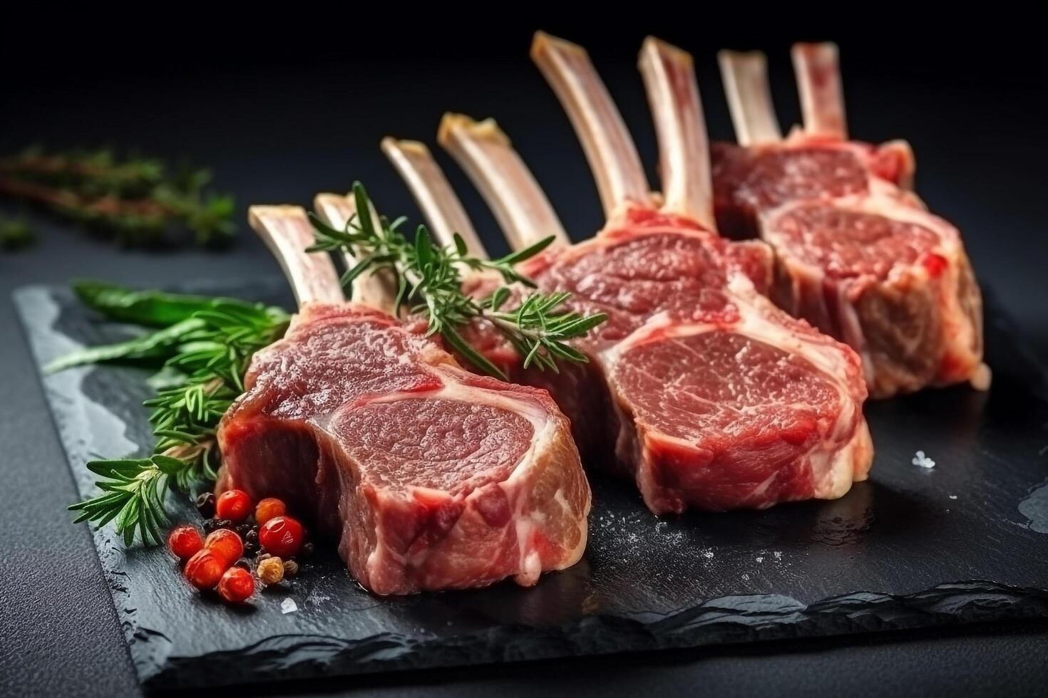 AI generated Raw lamb with rosemary on black stone background.Generative Ai. photo
