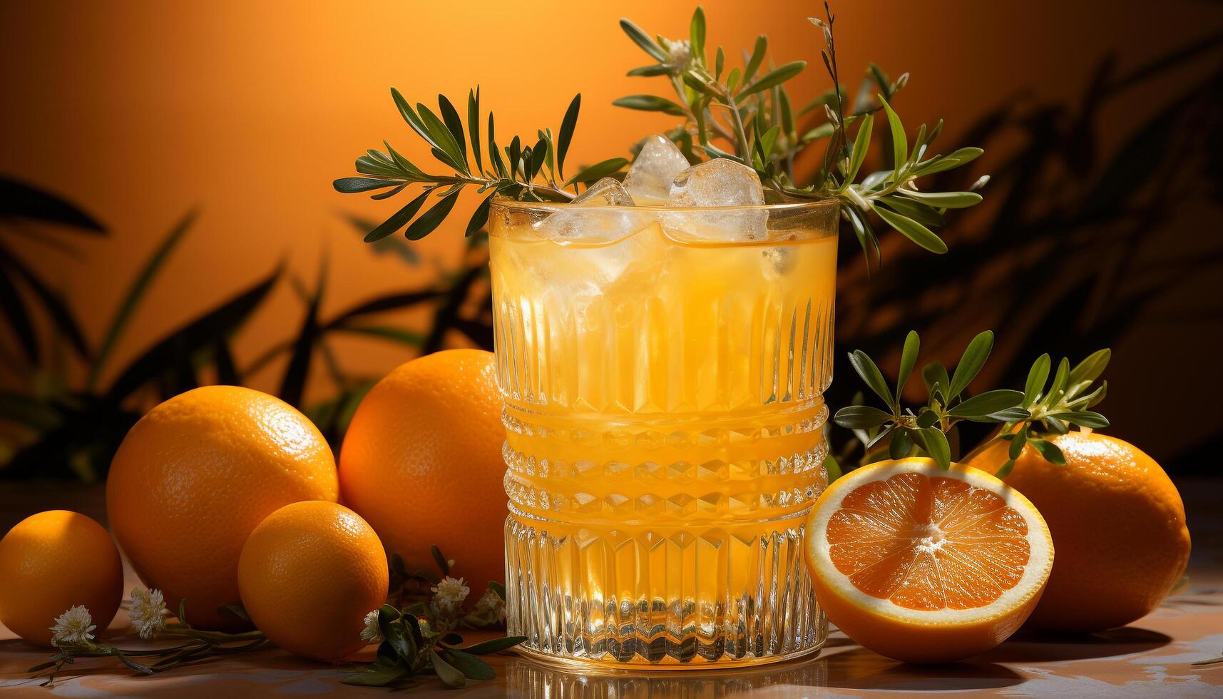 AI generated Fresh citrus fruit on table, drinking glass, summer cocktail generated by AI photo