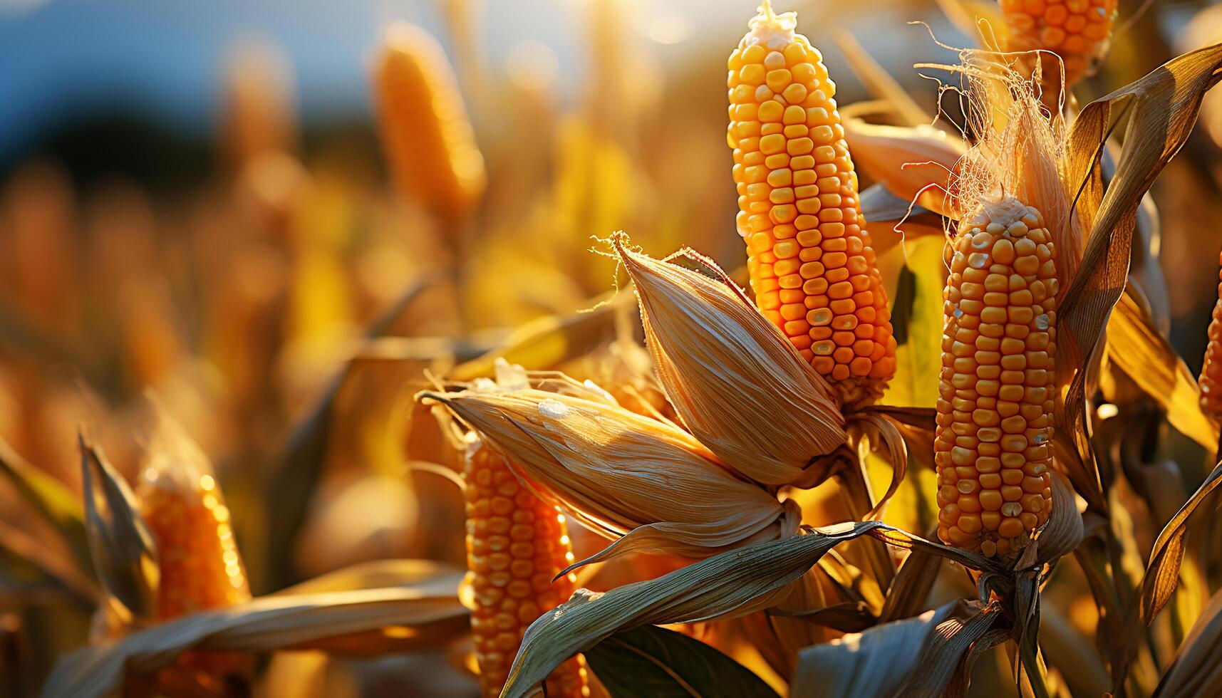 AI generated Ripe corn on the cob, vibrant autumn meadow decoration generated by AI photo