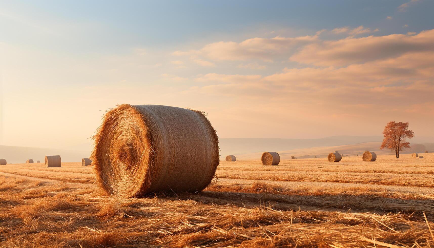 AI generated Sunset over a rural farm, golden haystacks in meadows generated by AI photo