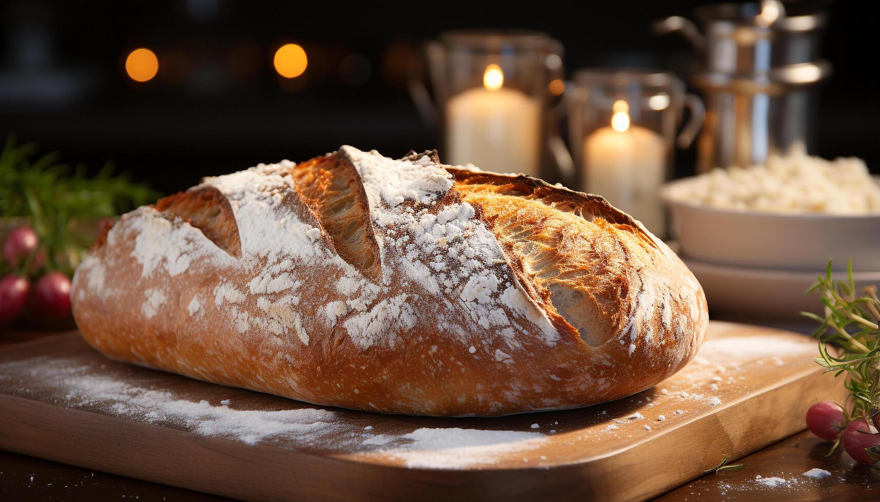 AI generated Freshly baked homemade bread on rustic wooden table generated by AI photo