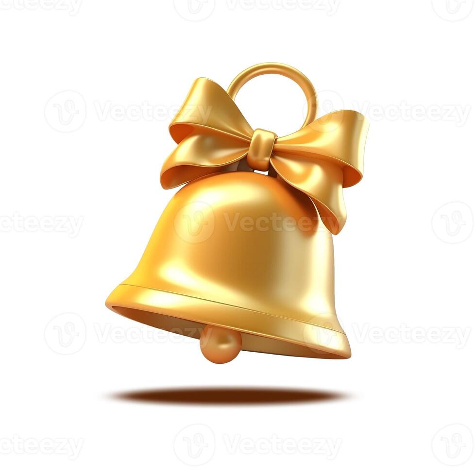 AI generated 3d icon Gold bell and bow isolated on white background, With clipping path photo