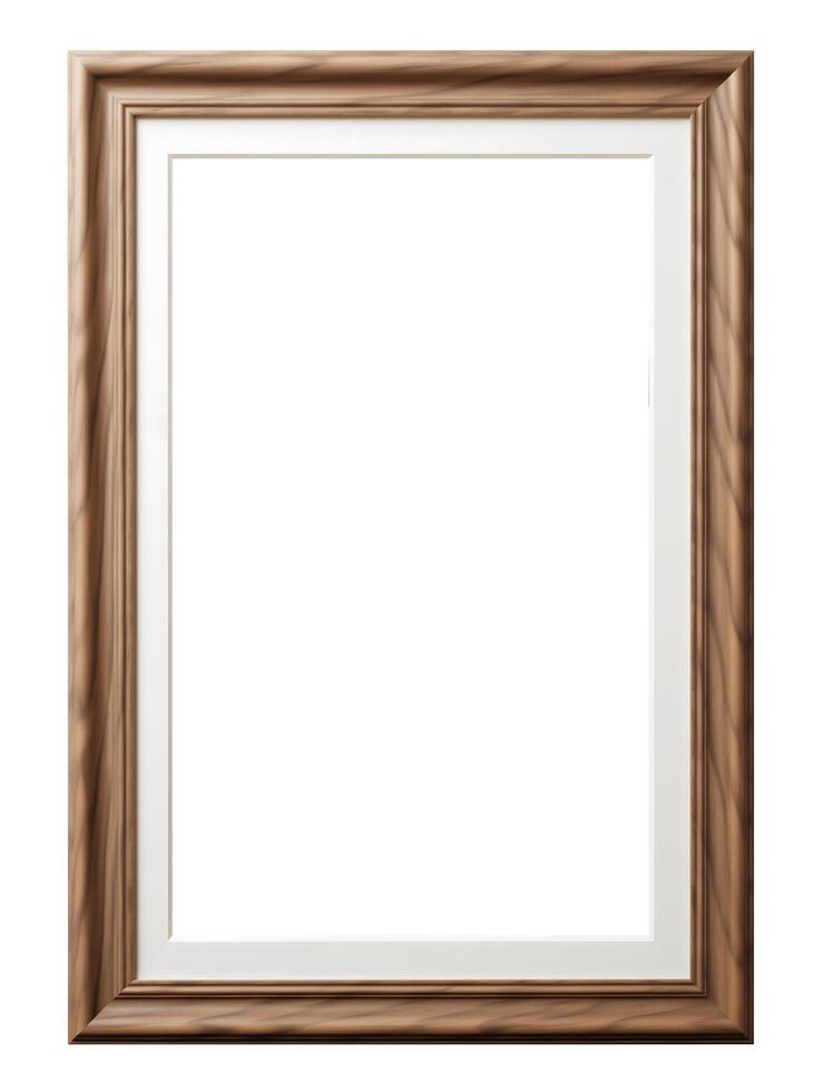 AI generated Empty wooden picture frame with white border inside isolated on white background, Vertical size, With clipping path photo