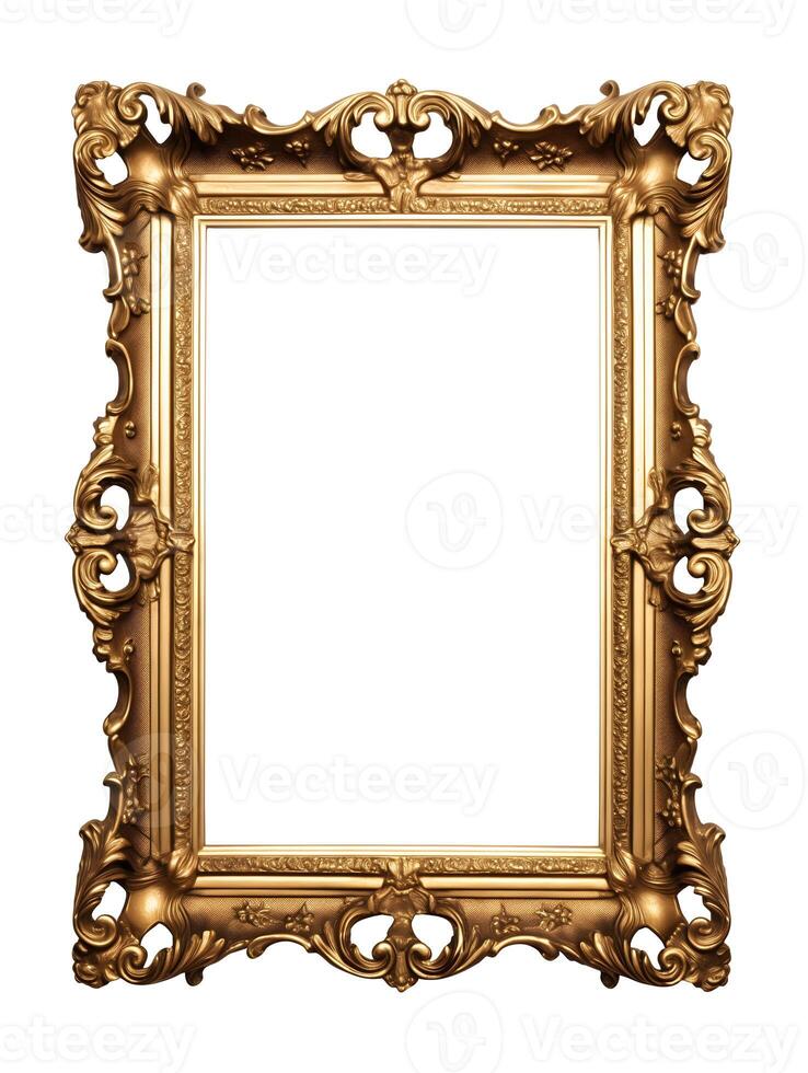 AI generated Empty gold ancient picture frame isolated on white background, Vertical size, With clipping path photo