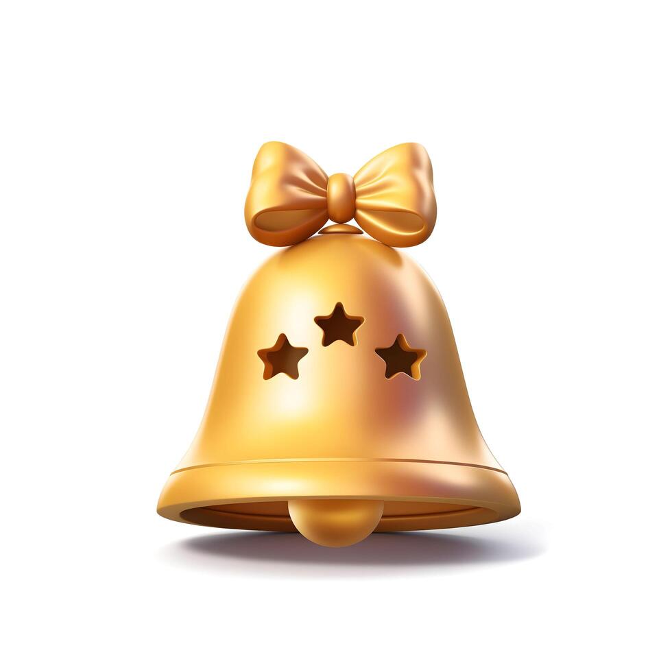 AI generated Gold bell and bow 3d icon isolated on white background, With clipping path photo