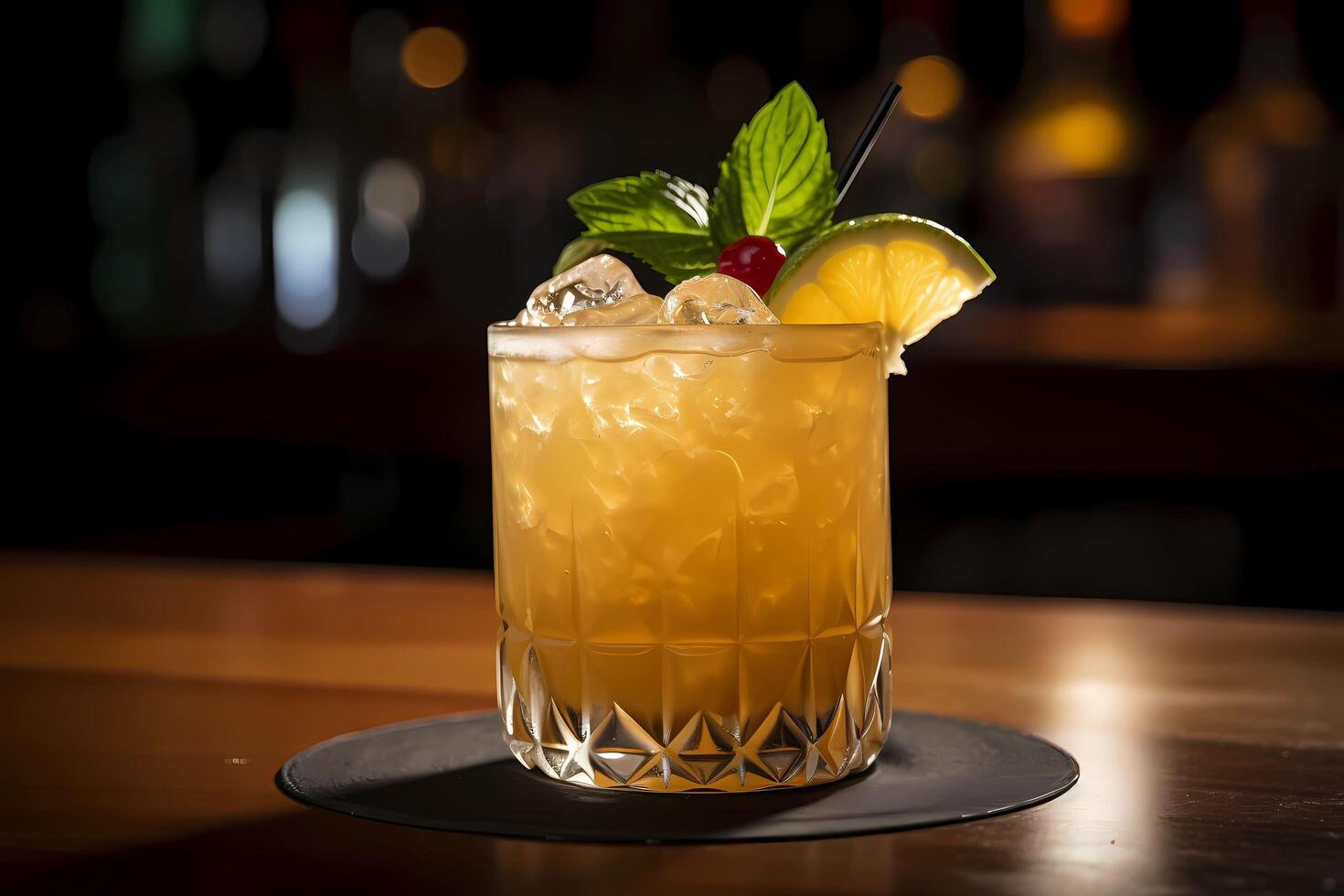 AI generated Mai Tai - Originated in California, made with rum, Curacao liqueur, lime juice, and orgeat syrup photo