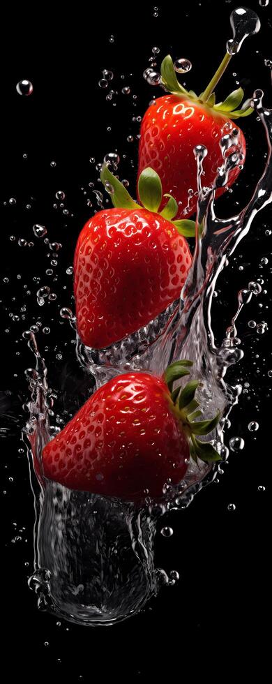 AI generated This tall photo captures the graceful freefall of glistening strawberries and water, their succulent forms suspended in midair, on a black background