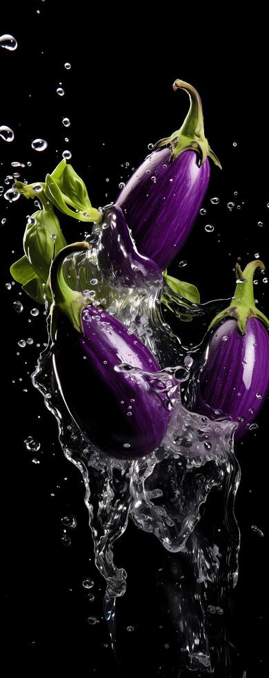 AI generated This tall photo captures the graceful freefall of glistening eggplants and water, their succulent forms suspended in midair, on a black background showcasing the beauty of nature's bounty