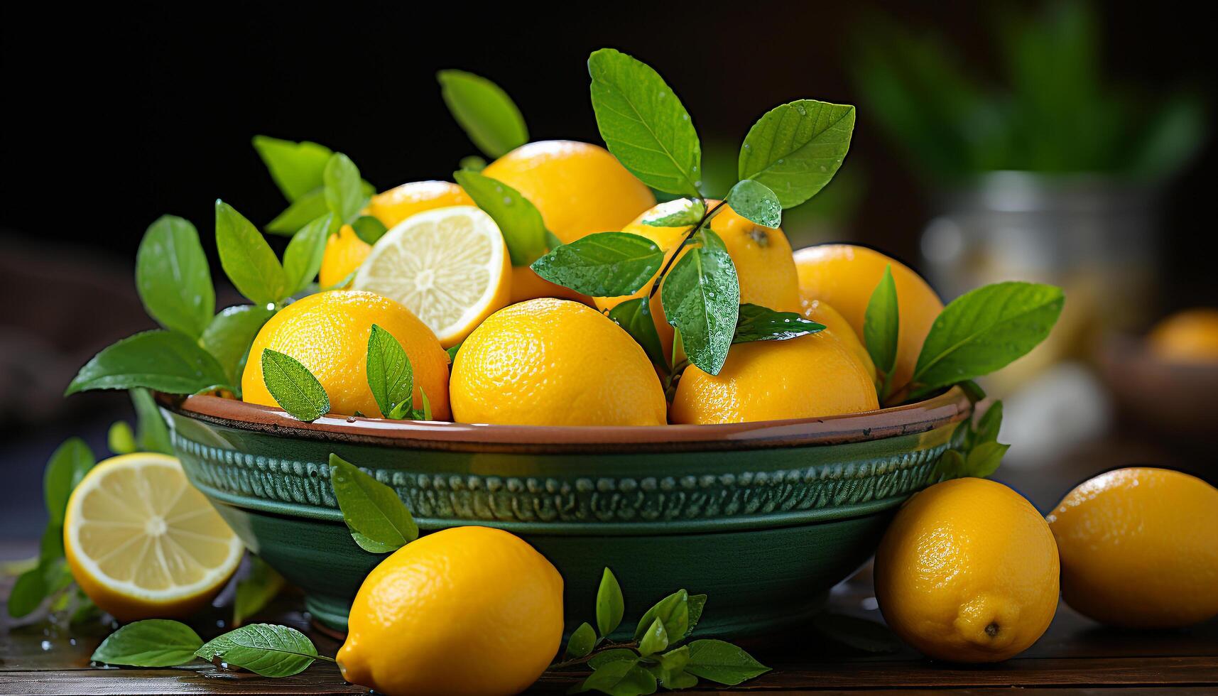 AI generated Freshness of nature lemon, citrus fruit, leaf, organic, green color generated by AI photo