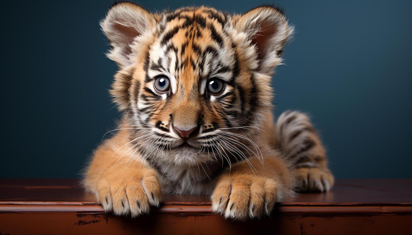 AI generated Cute young tiger cub staring, striped fur, looking at camera generated by AI photo