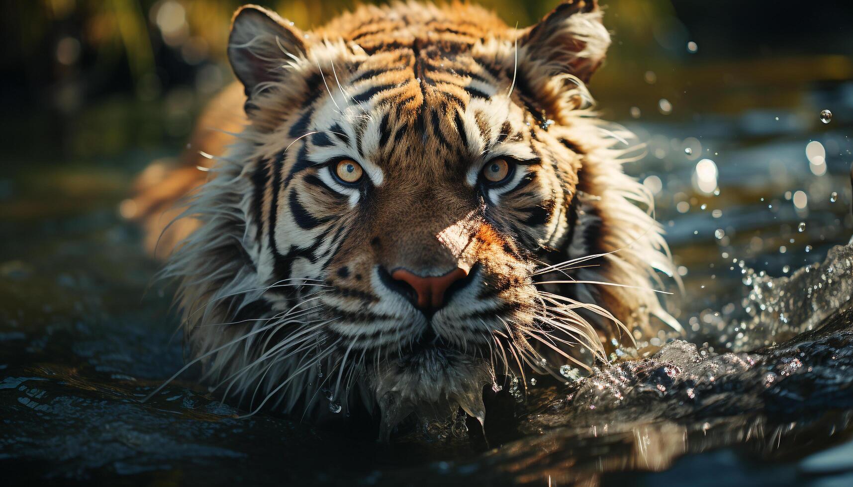 AI generated Majestic Bengal tiger staring, reflecting in tranquil pond, wild beauty generated by AI photo