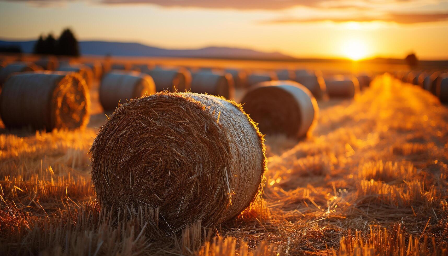 AI generated Sunset over a rural farm, golden wheat harvested outdoors generated by AI photo