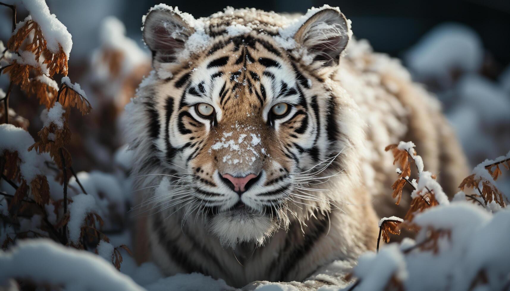 ai generado Bengala tigre, feroz y majestuoso, deambula Nevado bosque generado por ai foto