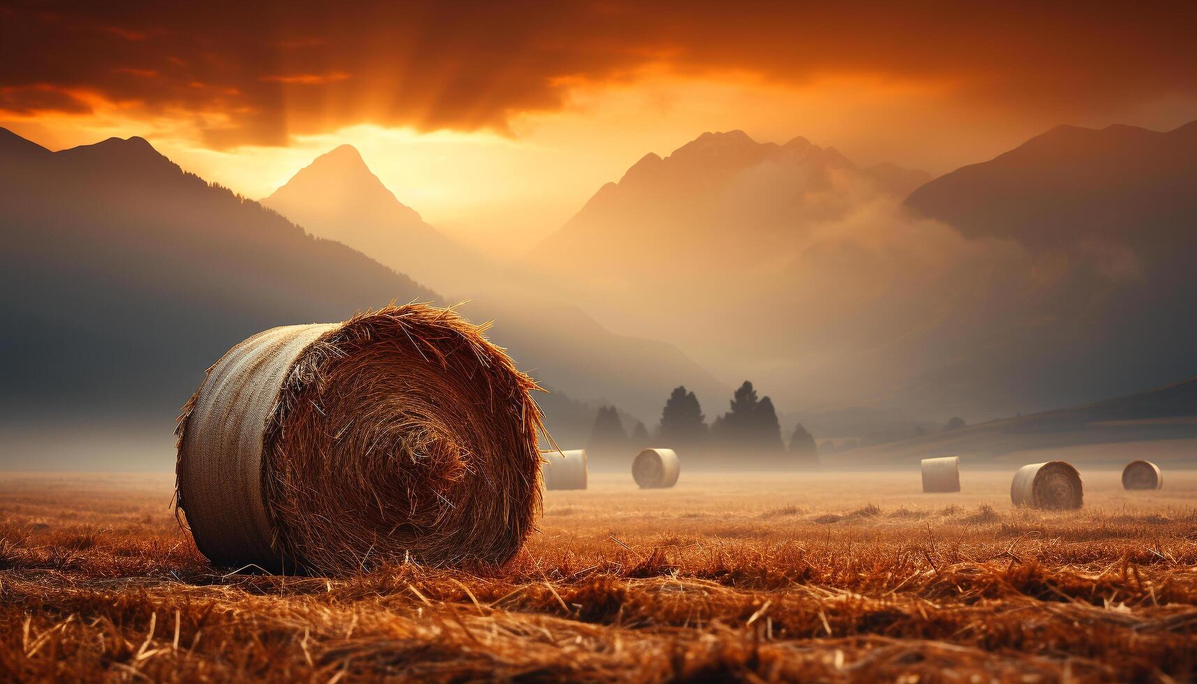 AI generated Sunset over rural farm, meadow bales, nature golden harvest generated by AI photo