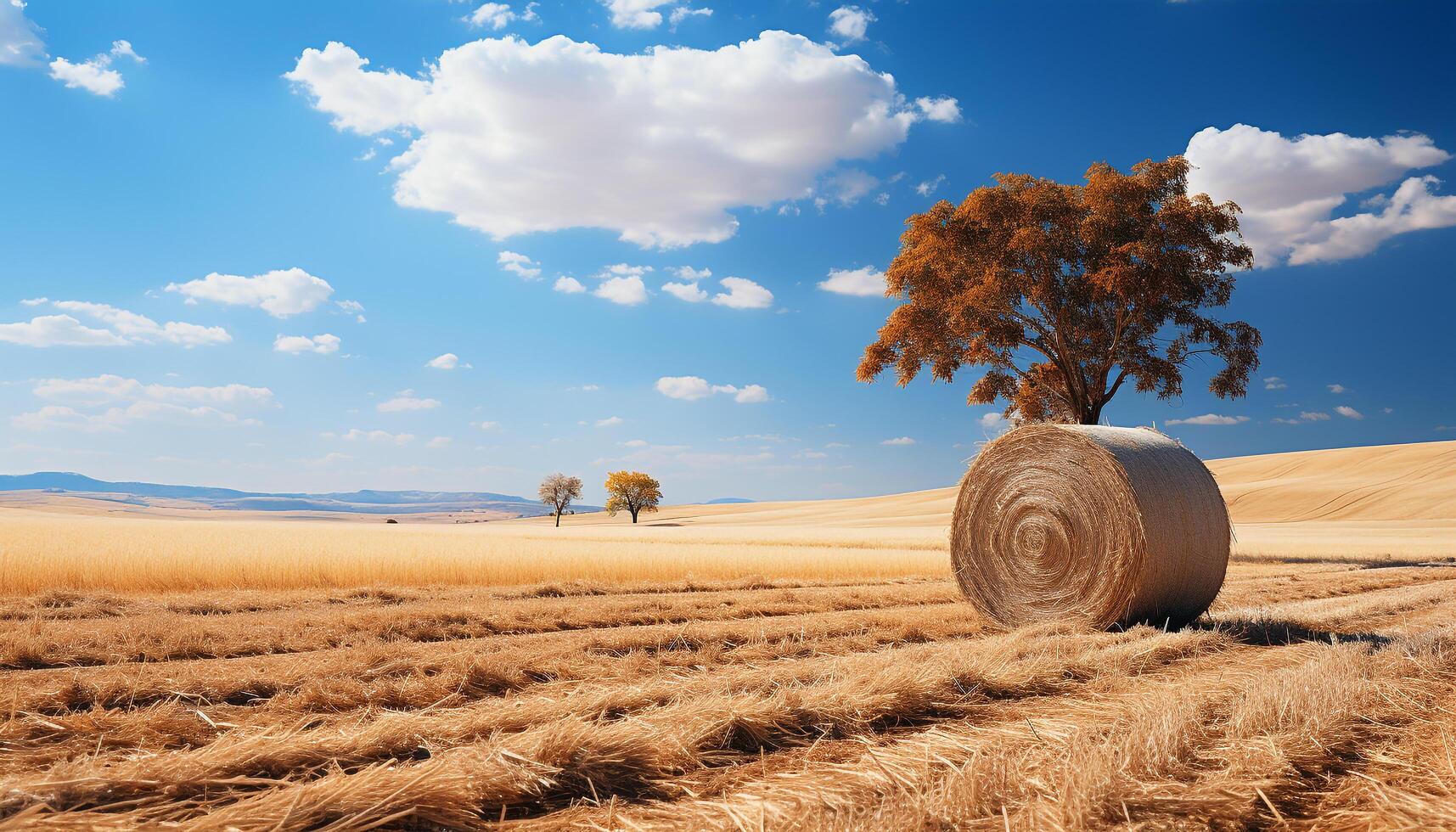 AI generated Idyllic rural scene meadow, farm, wheat, haystack, sunset generated by AI photo