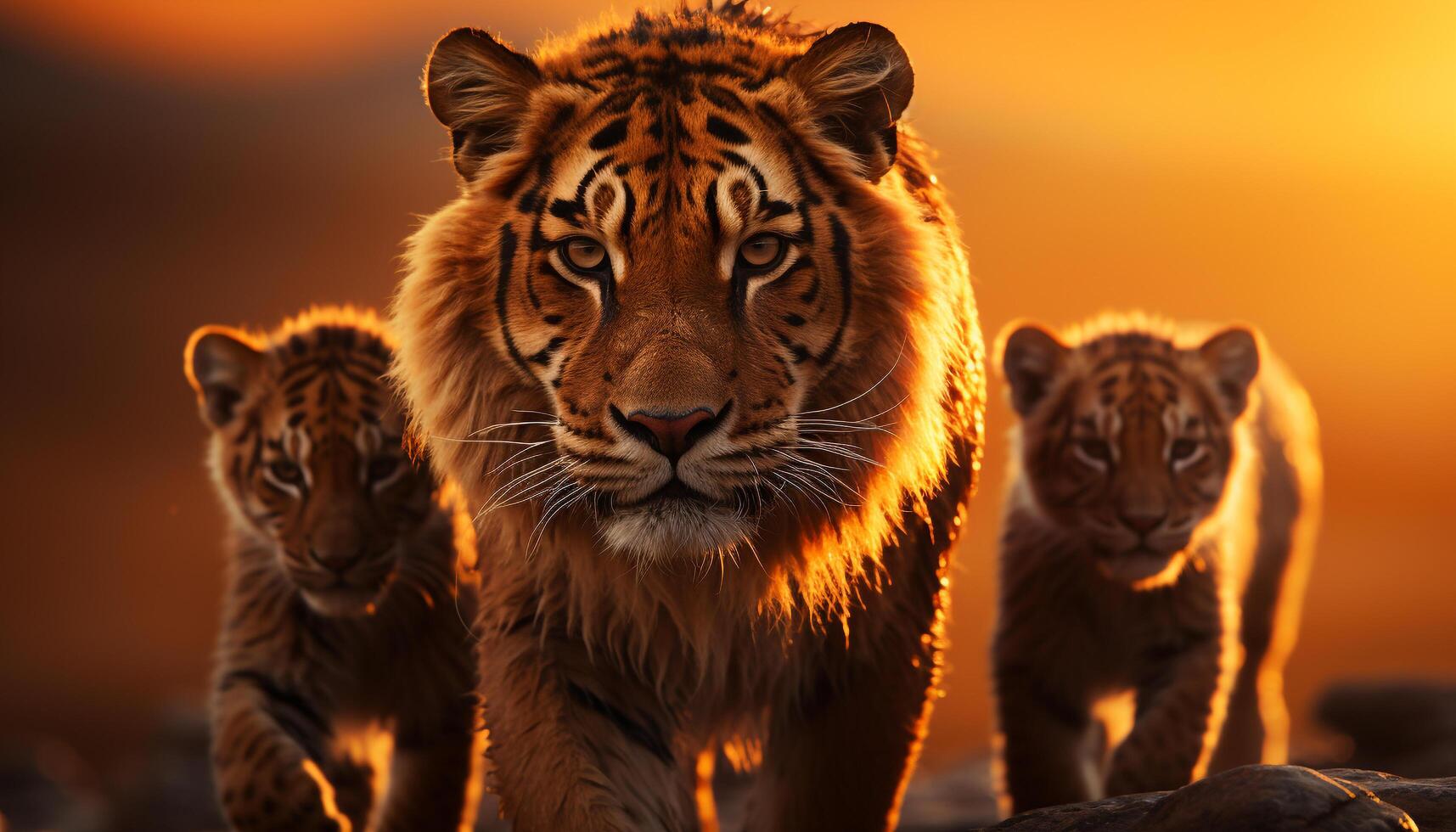 AI generated Majestic tiger walking, staring at camera, beauty in nature generated by AI photo