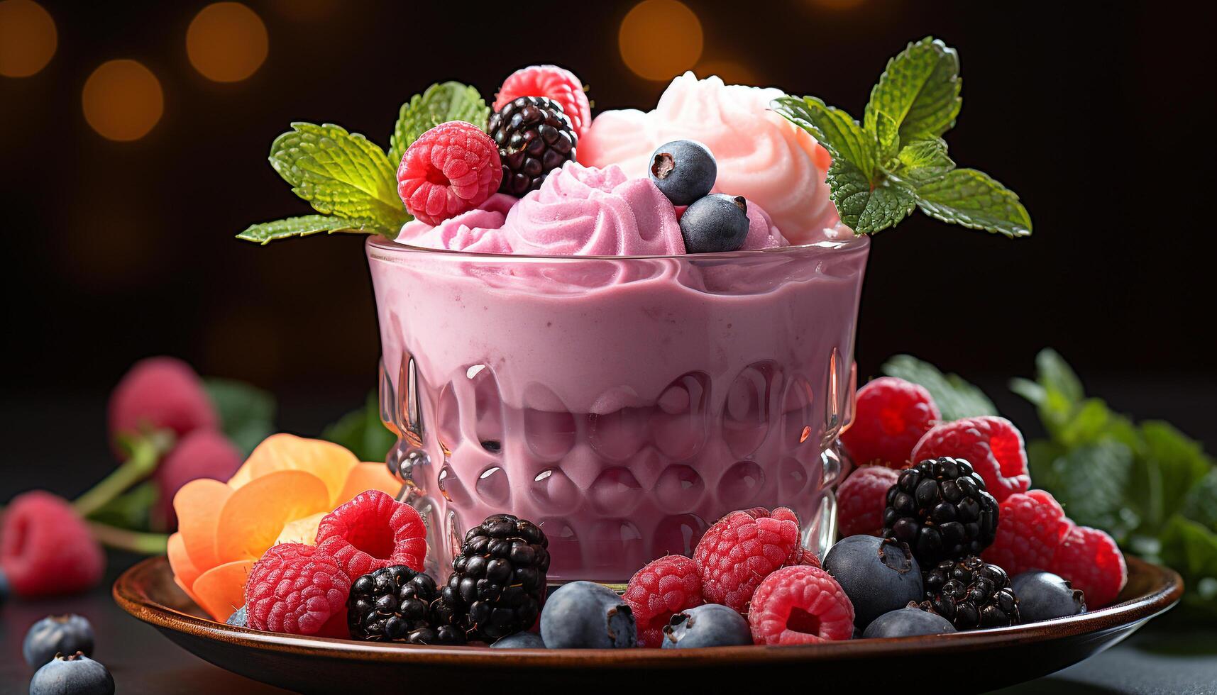 AI generated Fresh berry dessert on wooden table, a summer delight generated by AI photo