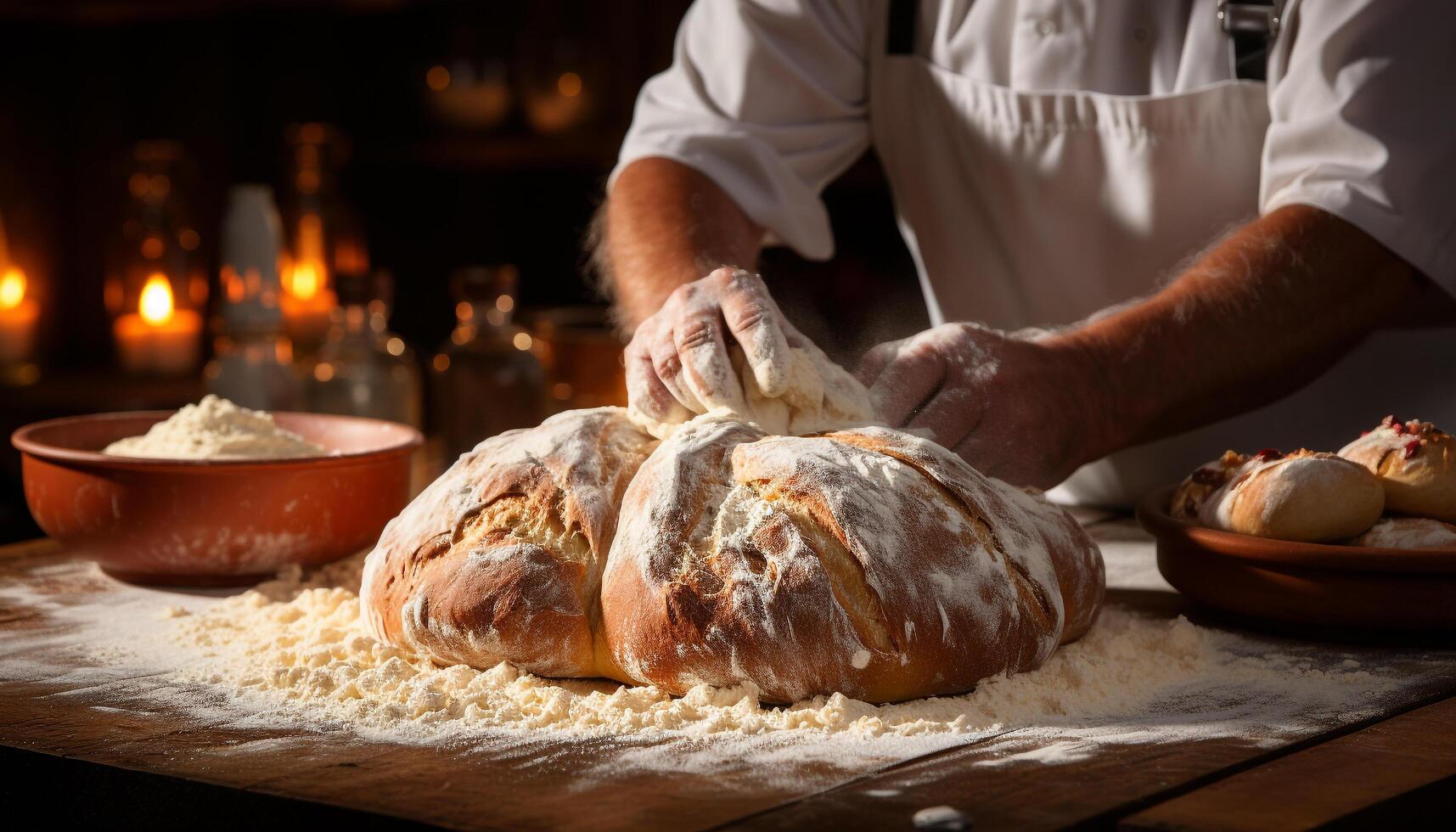 AI generated Baker kneading dough, preparing homemade bread with freshness generated by AI photo