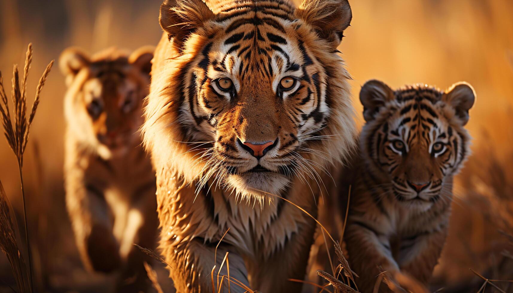 AI generated Bengal tiger walking, staring, three cubs hiding in wilderness generated by AI photo