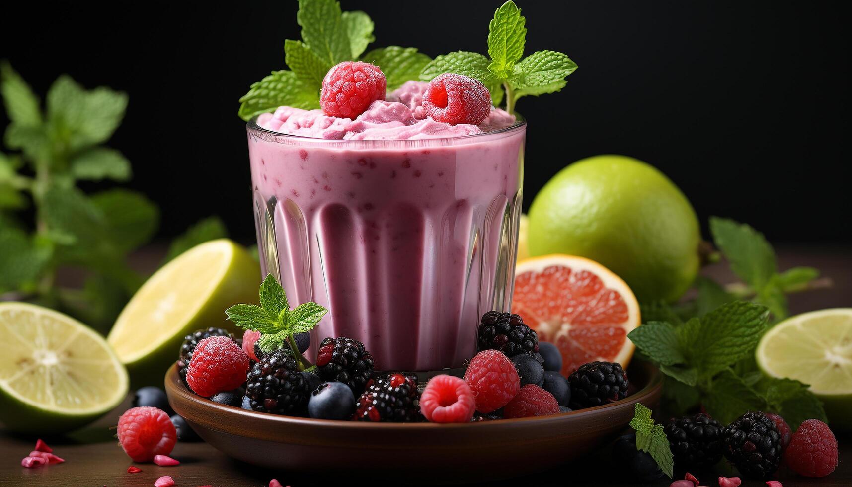 AI generated Freshness of summer in a healthy berry fruit smoothie generated by AI photo