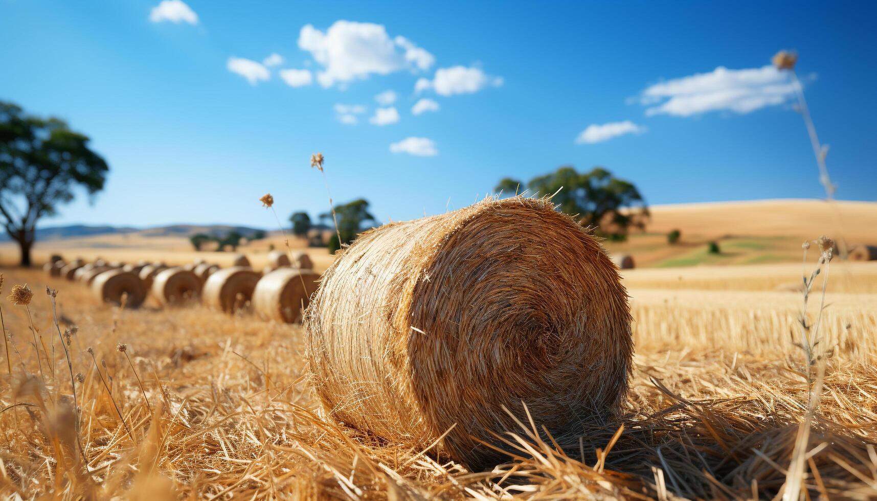 AI generated Rural farm landscape haystacks, wheat, and golden meadows generated by AI photo