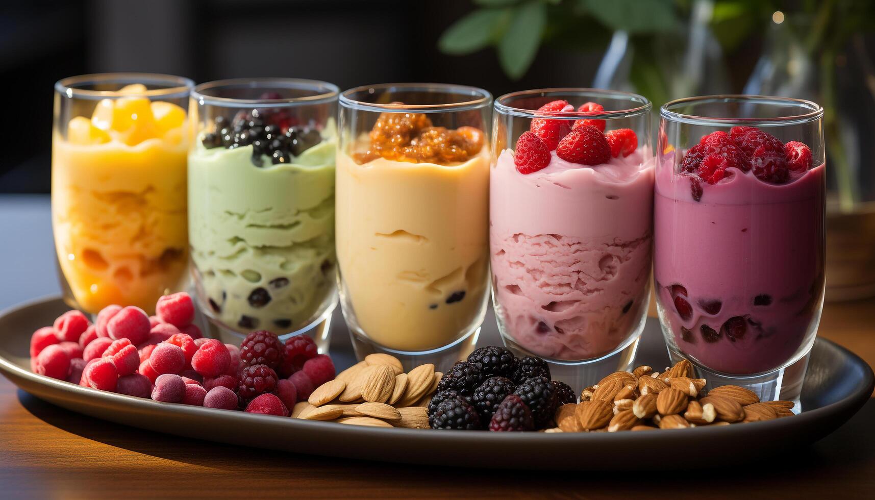 AI generated Freshness in a bowl yogurt, berries, granola, milk, chocolate generated by AI photo