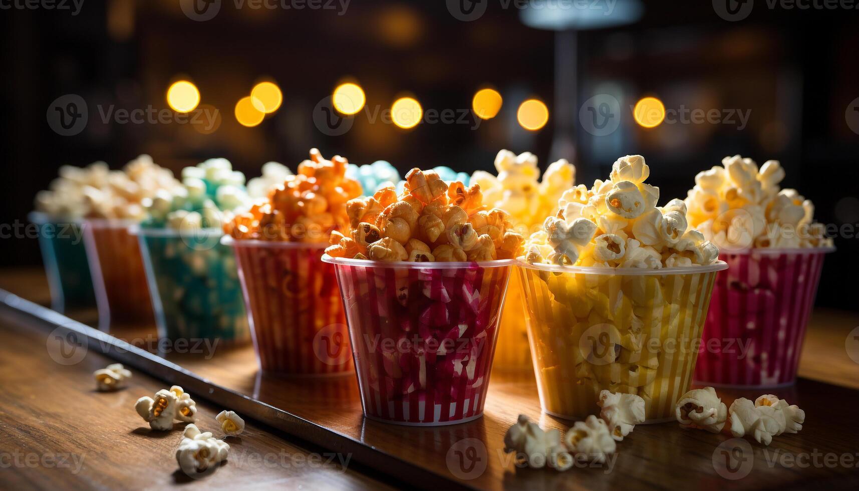 AI generated Refreshing gourmet snack on table, watching movie theater performance generated by AI photo