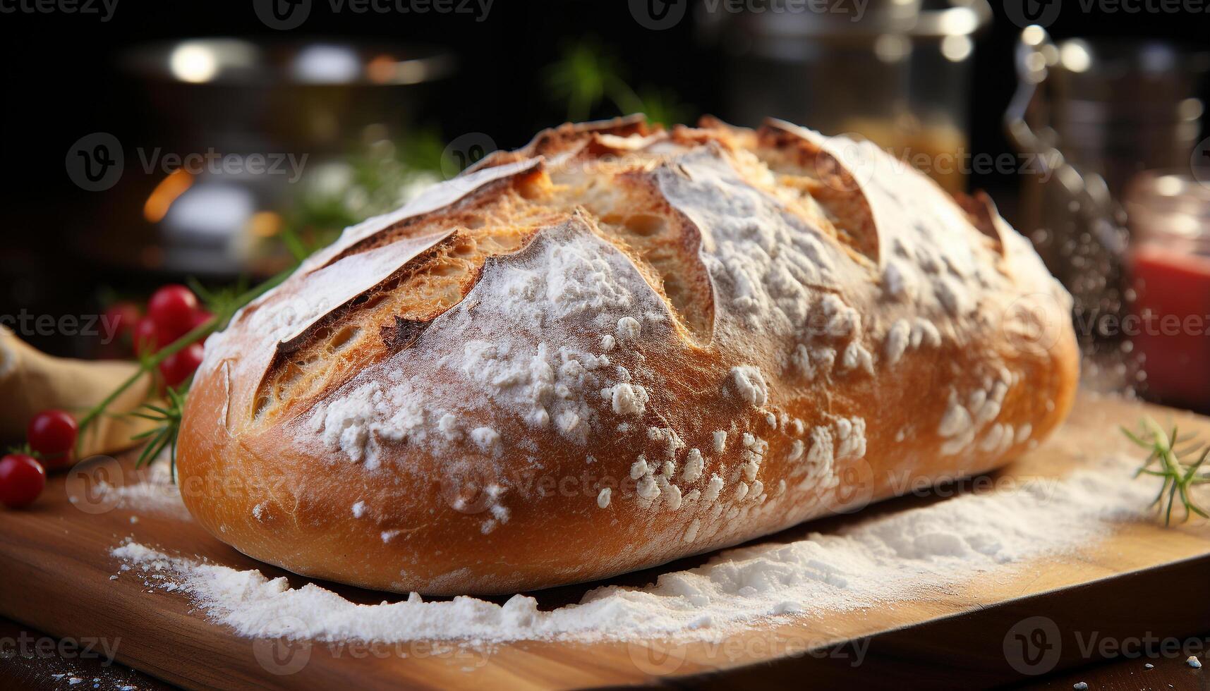 AI generated Freshly baked homemade bread on wooden table, ready to eat and delicious generated by AI photo