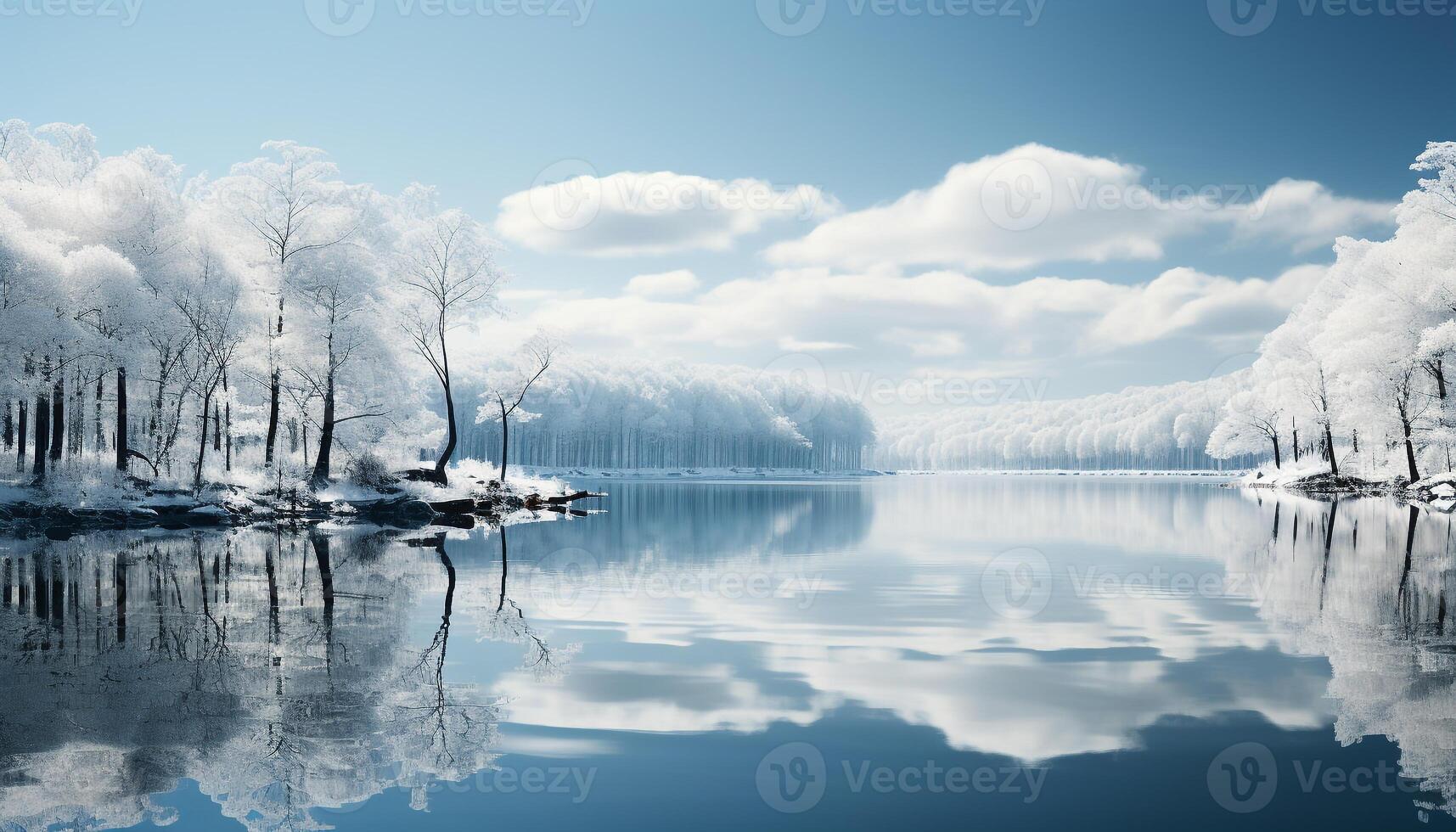 AI generated Tranquil scene blue water reflects winter landscape, outdoors generated by AI photo