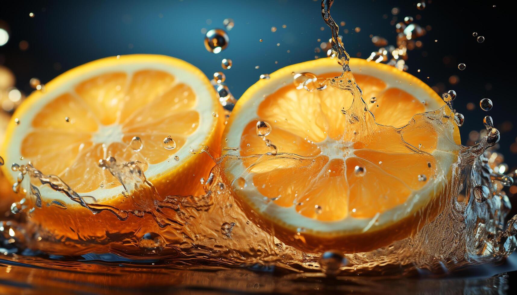 AI generated Freshness drops, lemon slice, wet citrus fruit, liquid splash generated by AI photo