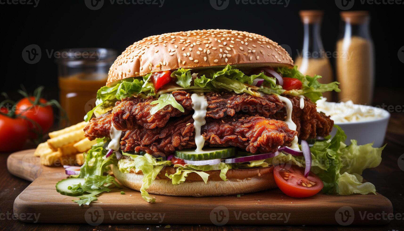 AI generated Grilled burger, fresh salad, homemade coleslaw, rustic bread generated by AI photo
