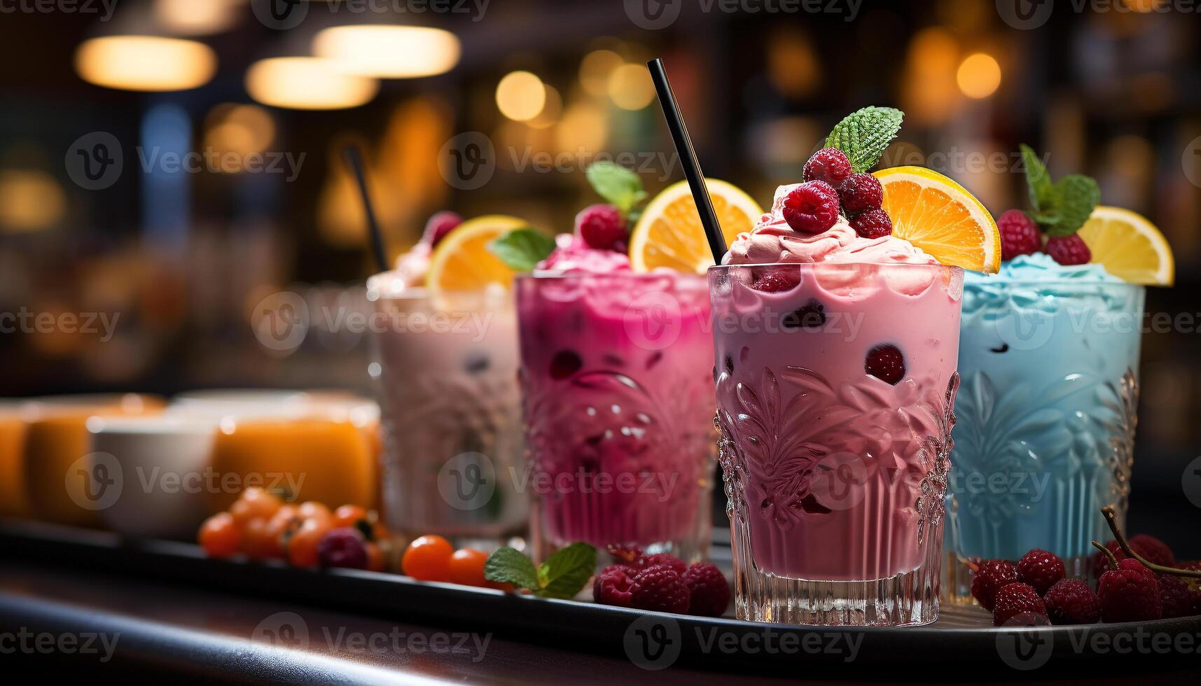 AI generated Freshness in a glass fruity cocktail, ice, raspberry, and alcohol generated by AI photo