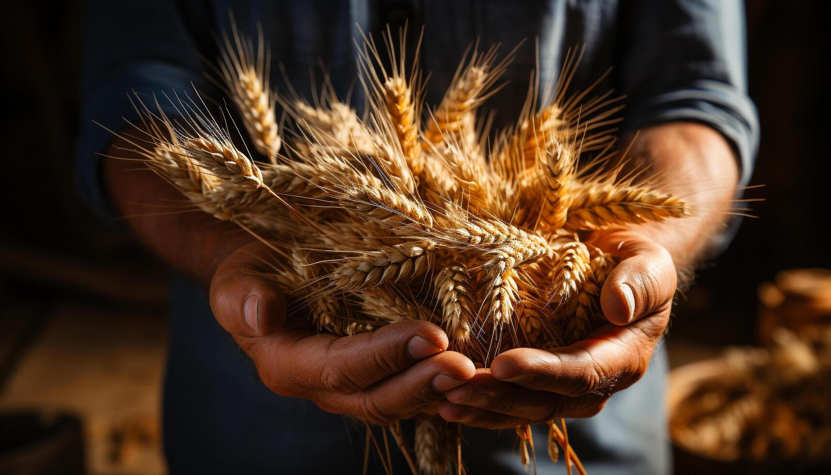 ai generado un granjero mano sostiene orgánico trigo, naturaleza sano comida generado por ai foto